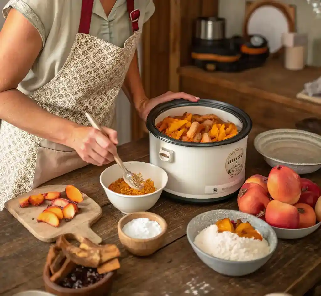 Baker in apron mixing ingredients and arranging peaches for crockpot peach cobbler in a rustic kitchen.
