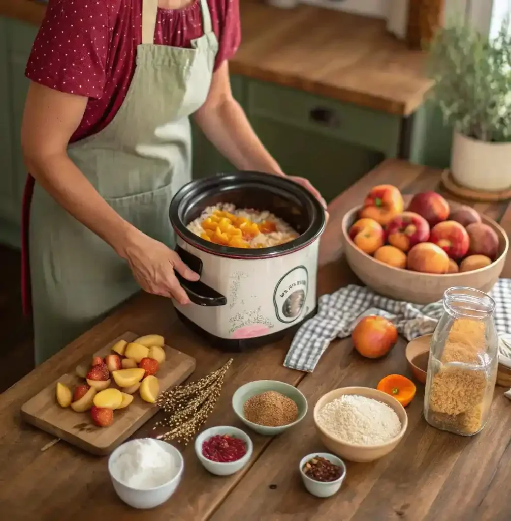 Baker in apron mixing ingredients and arranging peaches for crockpot peach cobbler in a rustic kitchen.