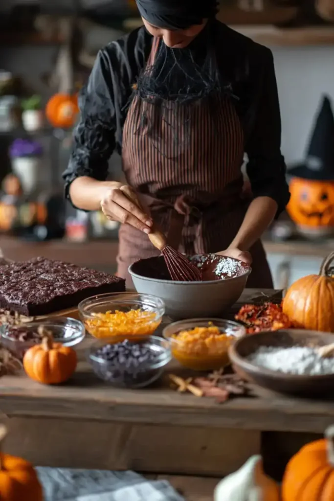 Person whisking brownie batter surrounded by pumpkins, chocolate chips, and candy toppings on a festive Halloween kitchen table.