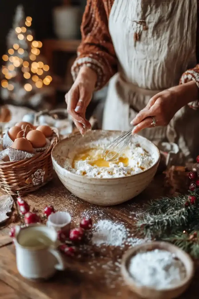 Baker whisking eggs and flour in a rustic bowl surrounded by Christmas baking ingredients.