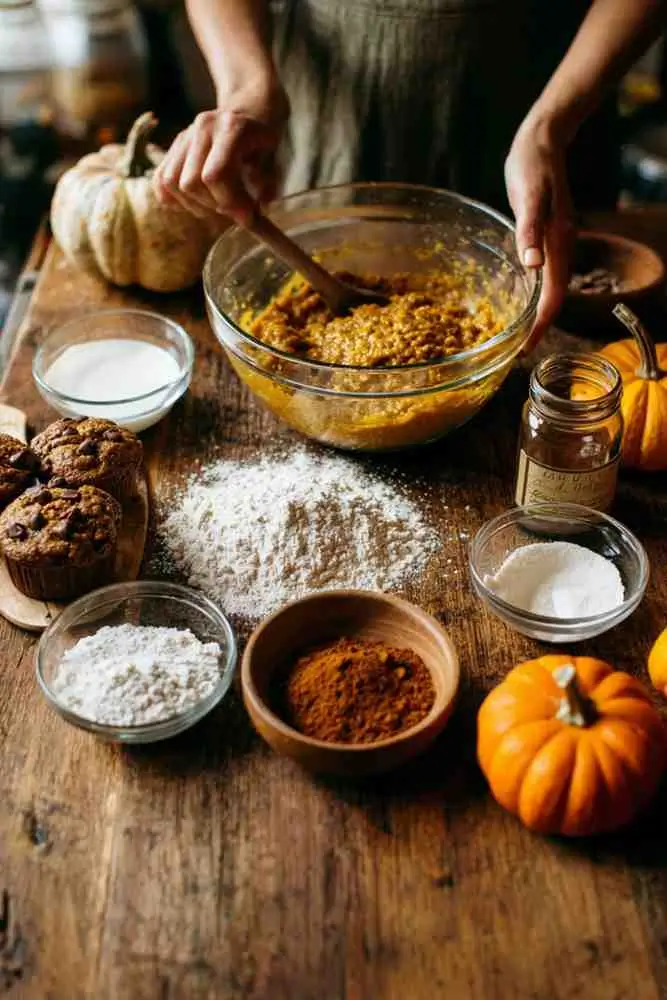 Person mixing pumpkin muffin batter in a glass bowl surrounded by flour, spices, sugar, and pumpkins.