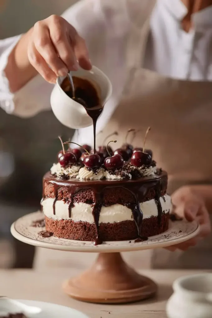 Person pouring rich chocolate ganache over a layered Black Forest Cake with whipped cream and cherries on top.