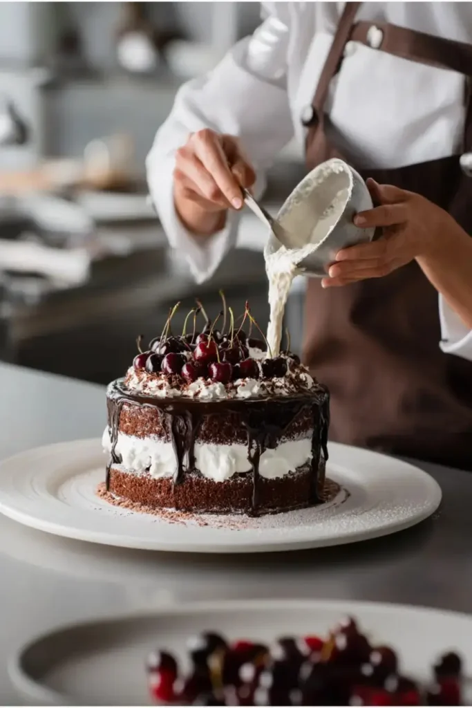 Baker spreading whipped cream over a Black Forest Cake topped with cherries and chocolate ganache in a bright kitchen setting.
