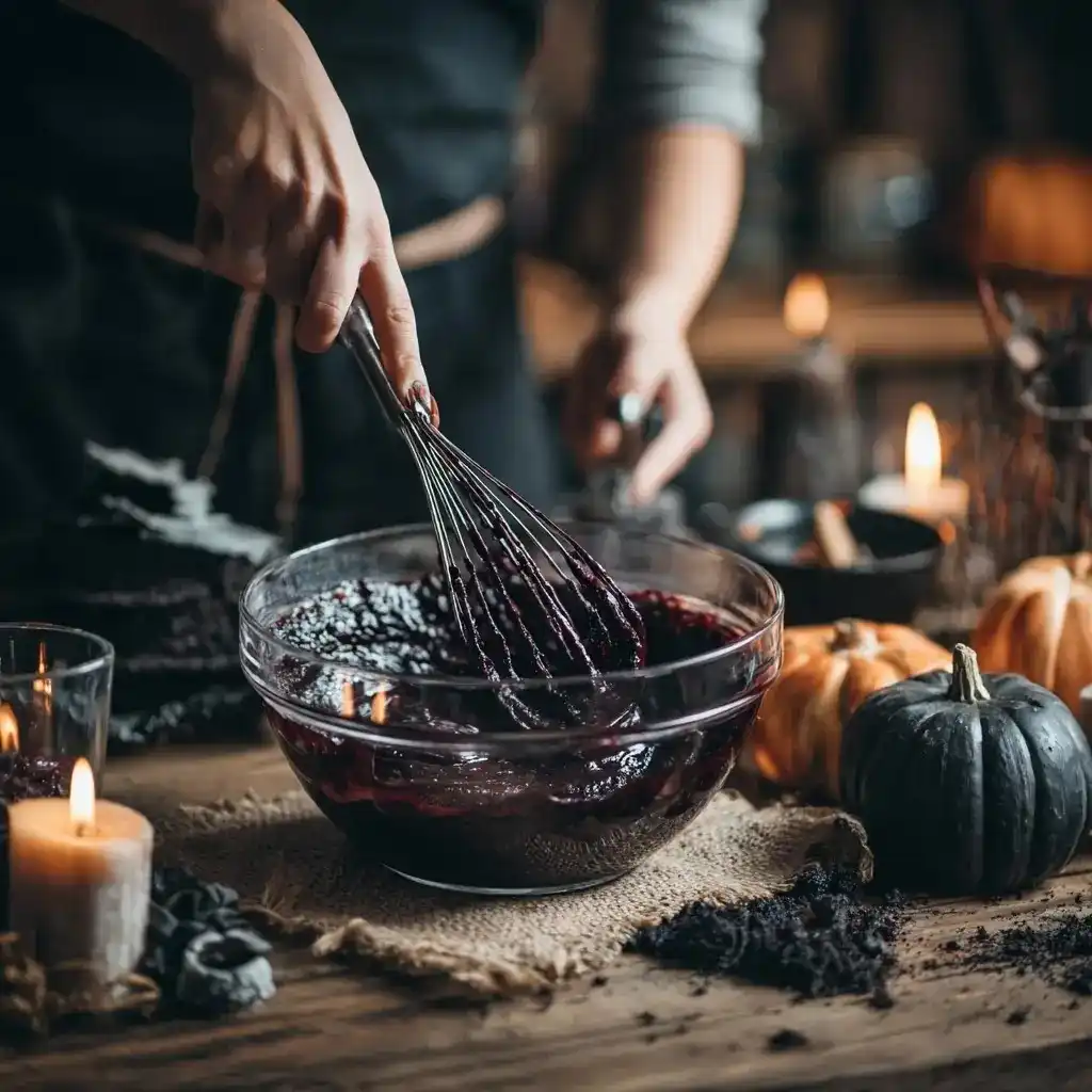Person whisking black velvet cake batter in a glass bowl with pumpkins and candles in the background.