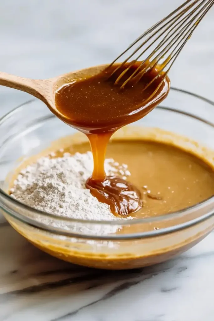 Mixing caramel sauce with flour in a glass bowl using a whisk.