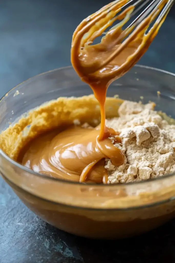 Whisk drizzling smooth caramel mixture into cake batter in a glass bowl.