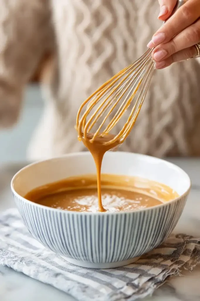 Hand whisking caramel glaze in a striped bowl on a linen cloth.