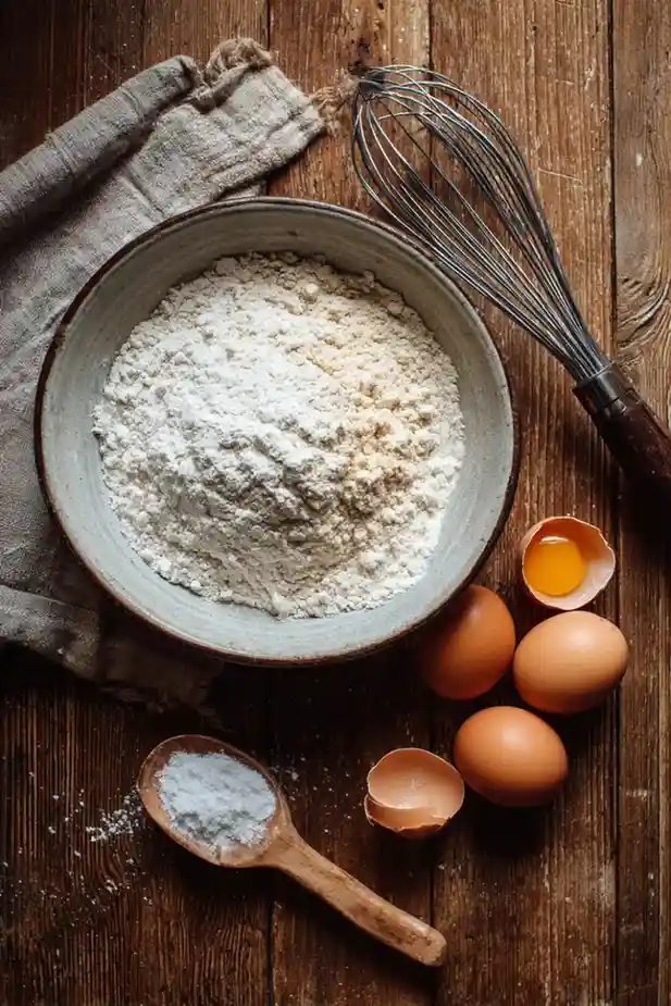 Bowl of flour with cracked eggs, whisk, and wooden spoon on a rustic table the start of a classic cake recipe