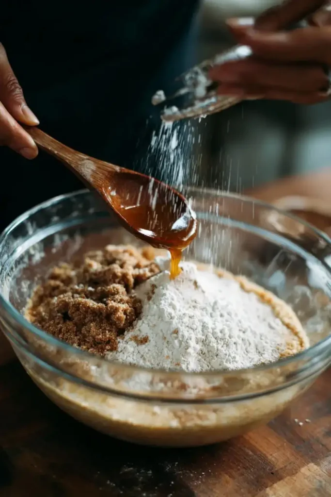 Wooden spoon pouring golden syrup over a bowl of flour and brown sugar while mixing cake batter.