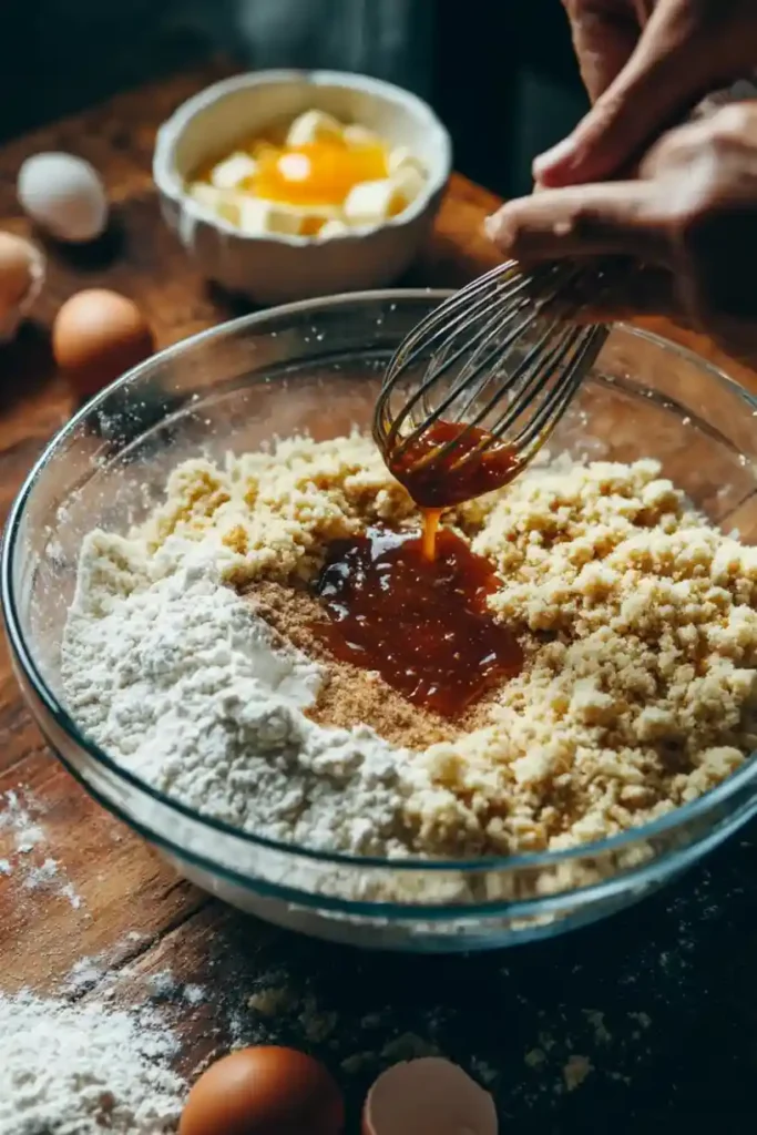 Caramel sauce being whisked into a glass mixing bowl filled with flour, brown sugar, and butter for caramel apple crumb cake batter.