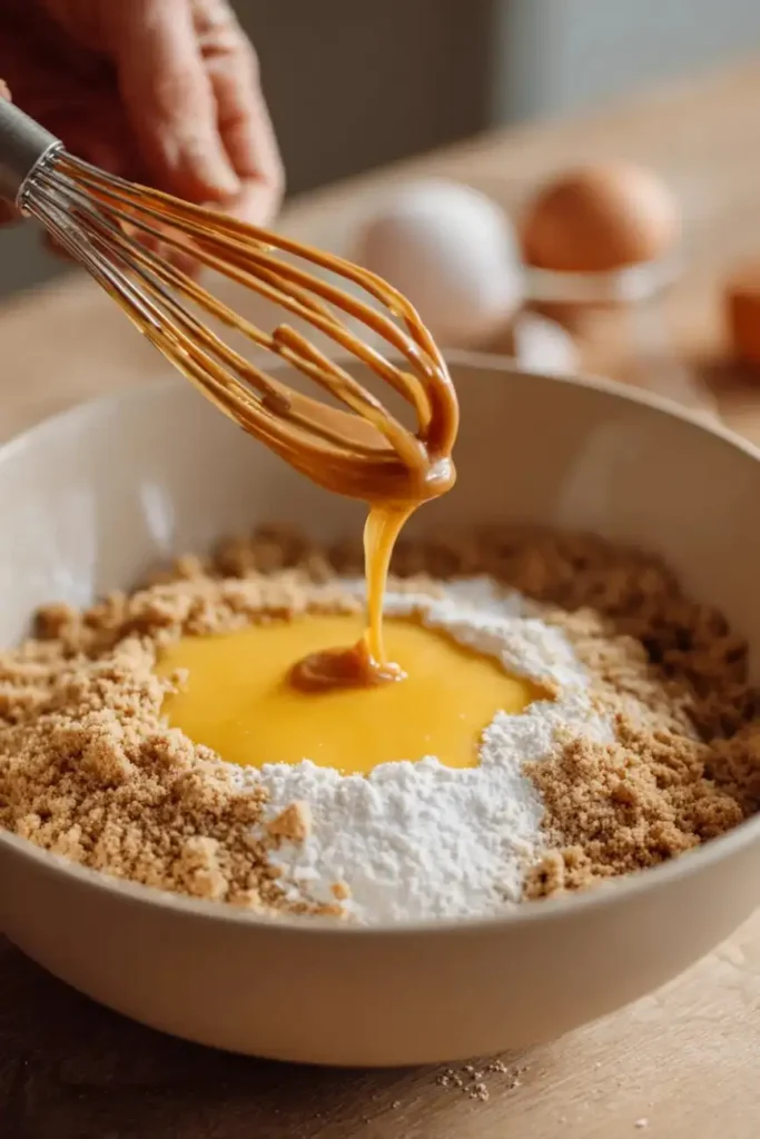 Whisk stirring caramel and melted butter into a bowl of flour and brown sugar while preparing crumb cake topping.