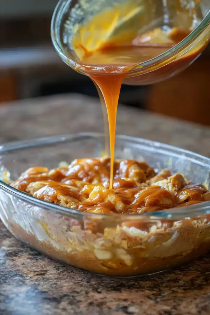 Caramel sauce being poured into a mixing bowl filled with cake mix, butter, and flour while preparing caramel apple dump cake batter.