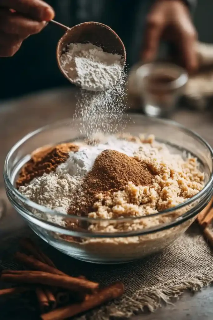 Bowl of flour, brown sugar, and spices being combined for snickerdoodle bars.