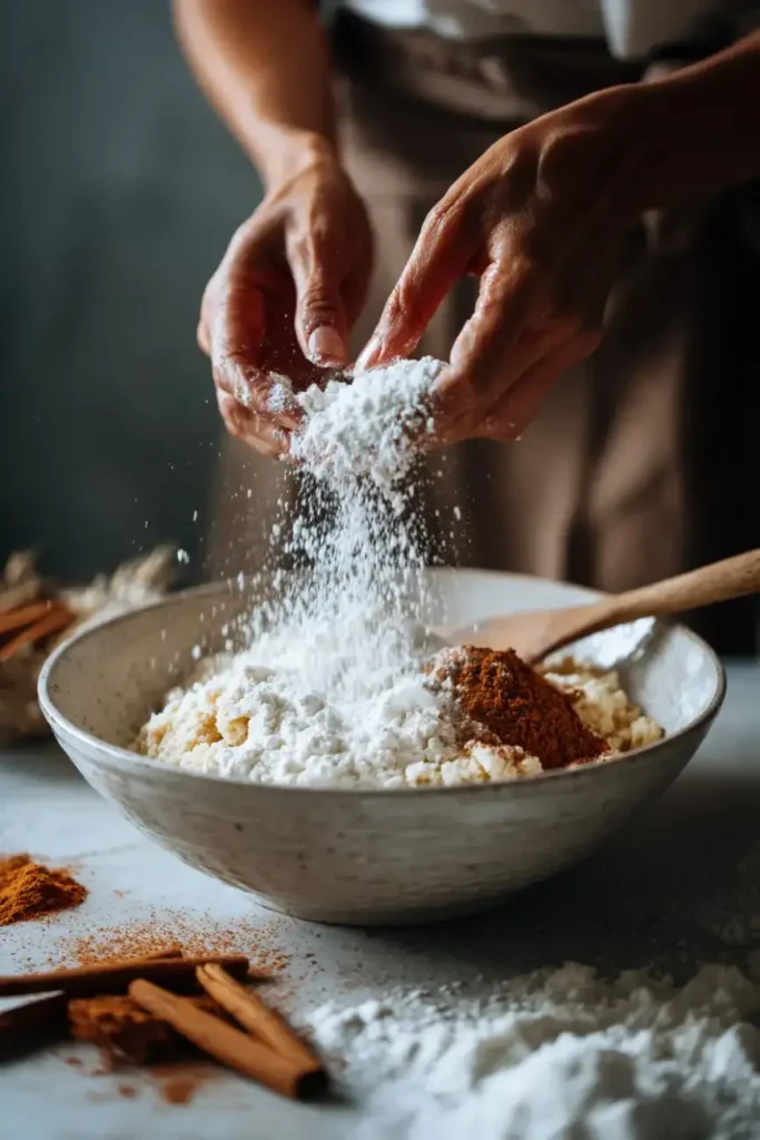 Hands sifting flour and spices into a mixing bowl for cookie bars.