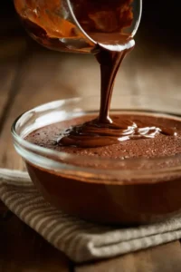 Pouring smooth chocolate batter into a glass bowl.