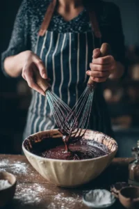 Mixing chocolate cake batter with whisks in a ceramic bowl.