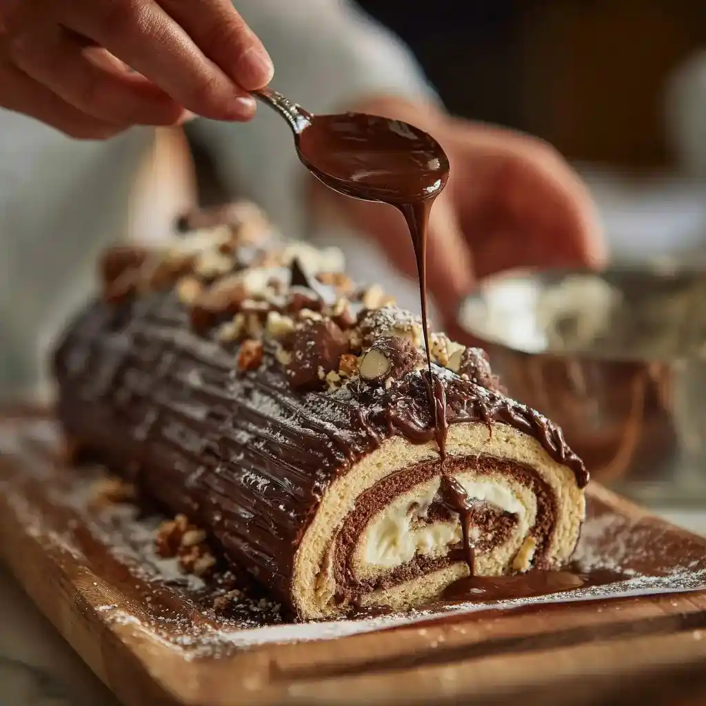 Person spooning melted chocolate ganache over a rolled Yule Log Cake topped with nuts and sugar dusting.