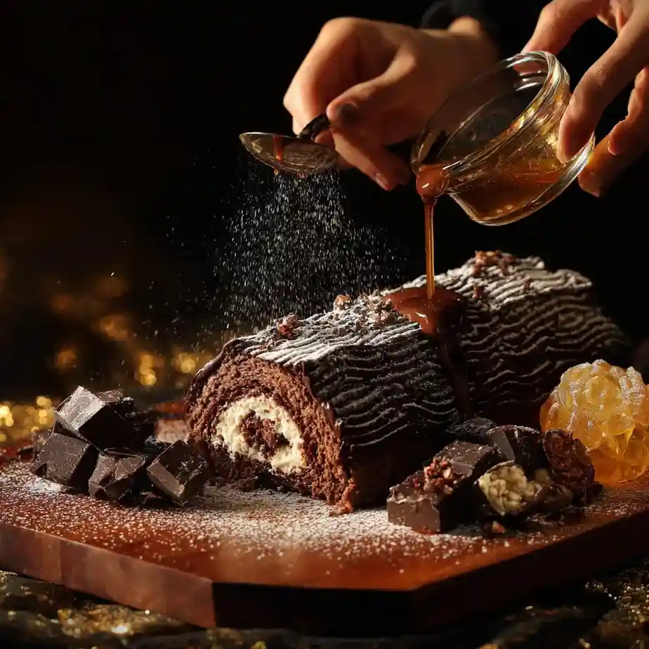 Hands dusting sugar and pouring chocolate sauce over a Chocolate Yule Log Cake surrounded by chocolate chunks.
