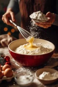 Baker whisking flour and melted butter in a red bowl surrounded by eggs and Christmas decorations.