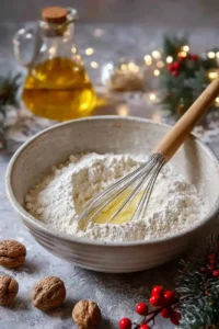 Mixing flour and oil in a ceramic bowl with holiday decorations in the background.