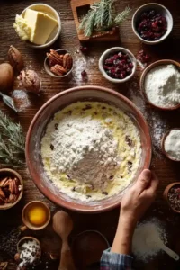 Mixing flour, butter, and dried fruits in a rustic bowl surrounded by pecans, rosemary, and holiday spices.