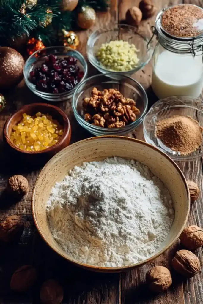 Christmas cake ingredients including flour, dried fruits, nuts, candied peel, brown sugar, and milk on a wooden table.