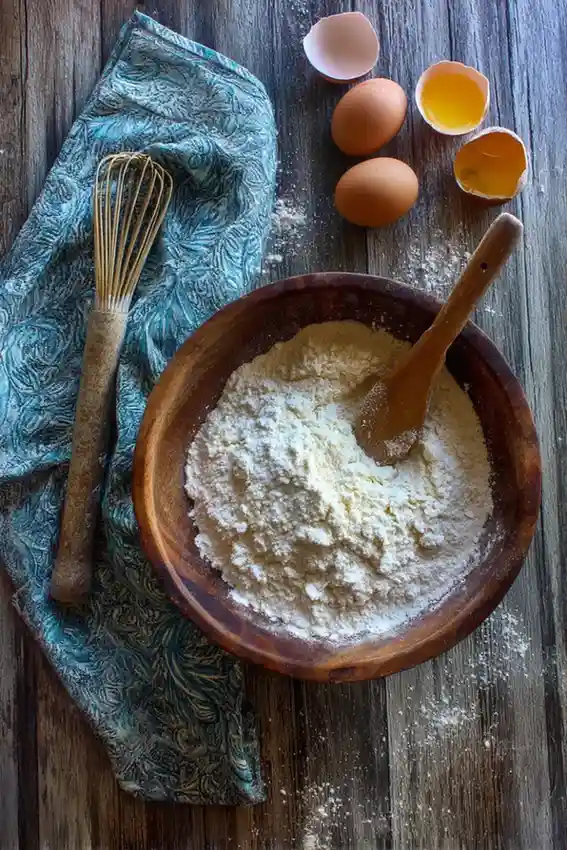 Baking setup with a wooden bowl of flour, eggs, and whisk on rustic table