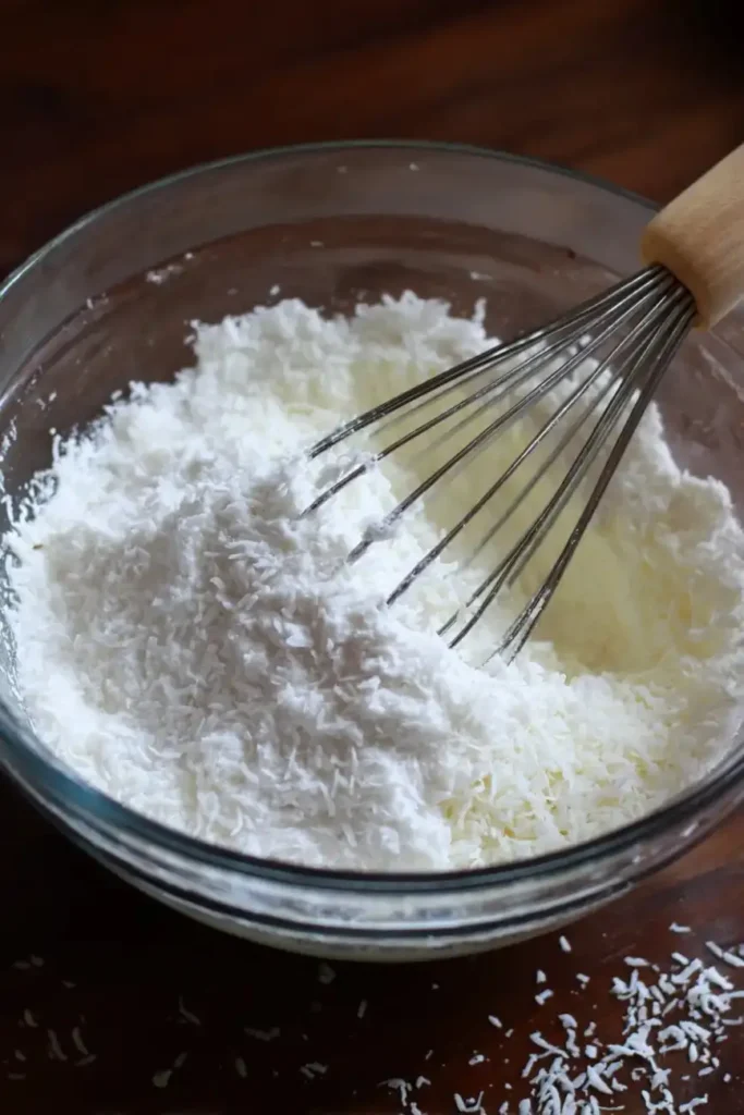 Bowl of shredded coconut and flour being whisked together