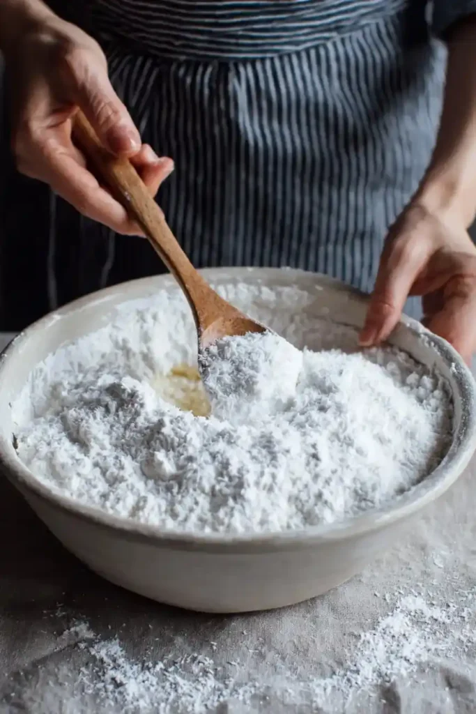 Person mixing shredded coconut in a bowl with a wooden spoon