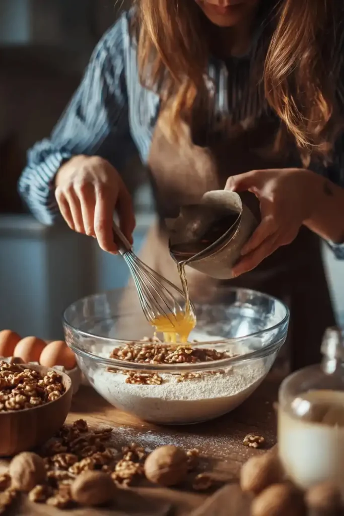 Person whisking eggs into a bowl of flour and walnuts while preparing coffee walnut cake batter.