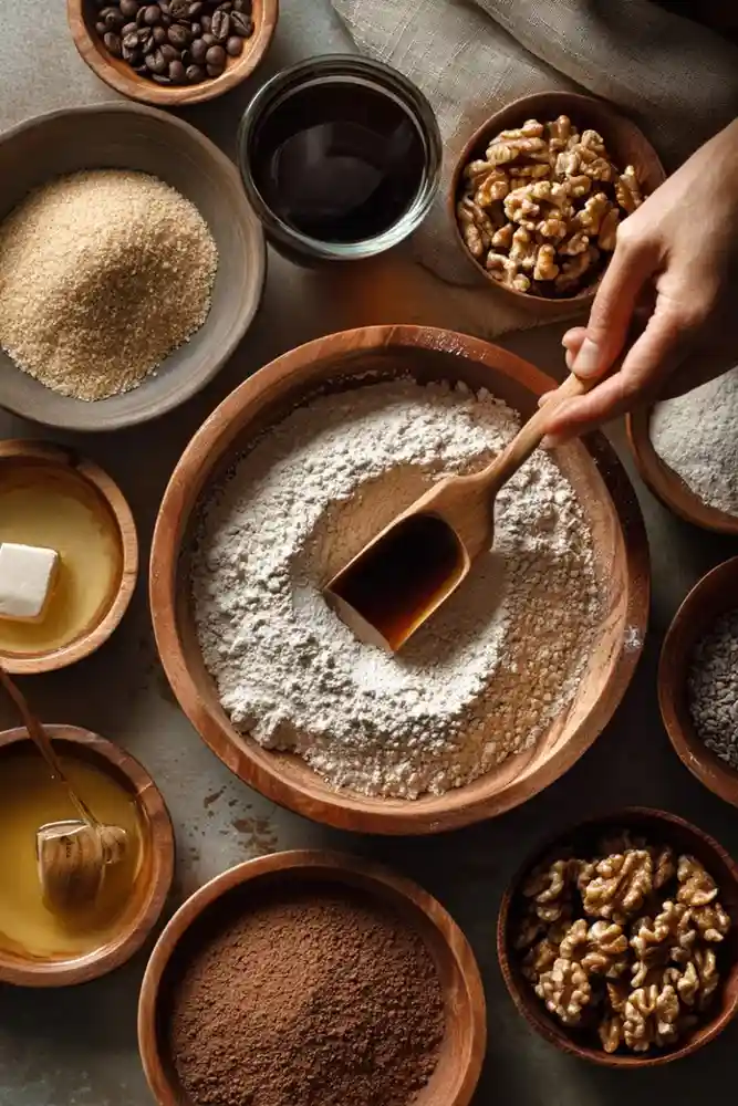 Wooden bowls filled with flour, cocoa, sugar, walnuts, and coffee for making coffee walnut cake.