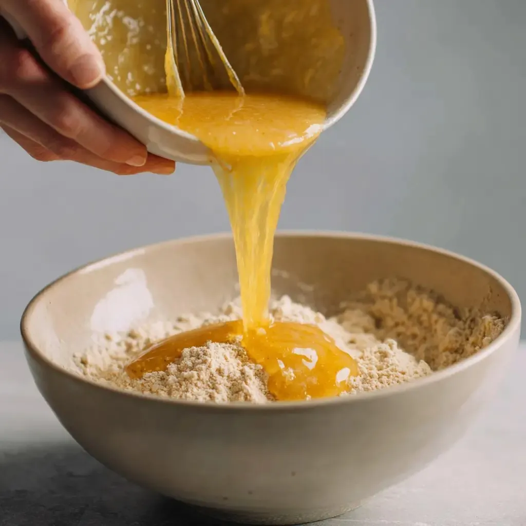 Step-by-step mixing bowls showing batter preparation for a spiced pear cake.
