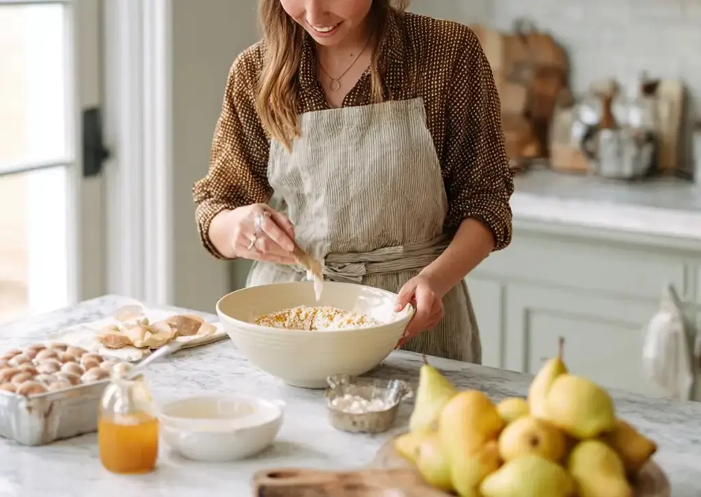 Woman in an apron mixing cake batter in a bright cozy kitchen with fresh pears on the counter.