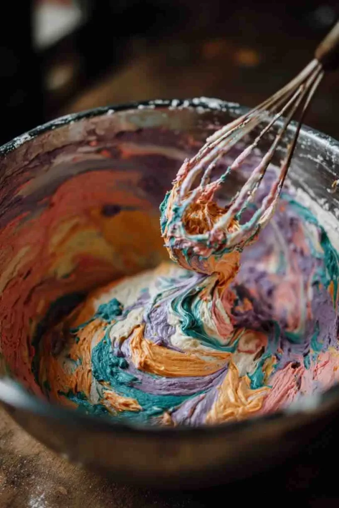A mixing bowl with colorful Halloween frosting swirls in orange, purple, blue, and white shades.