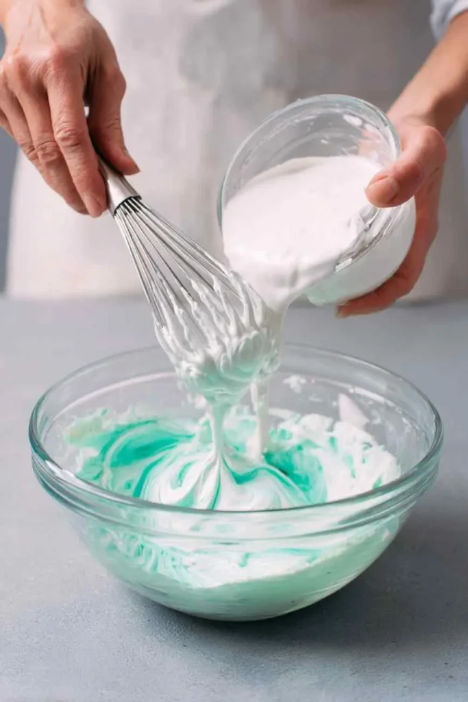 A person whisking white icing with a swirl of turquoise frosting in a glass bowl.