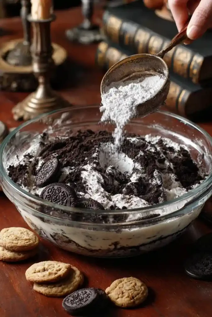 Hand sprinkling powdered sugar into a glass bowl of crushed Oreos and cream, with cookies and vintage kitchen decor in the background.