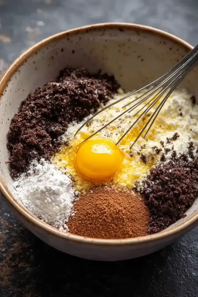 Whisk mixing cocoa powder, brown sugar, flour, and egg yolk in a ceramic bowl for a chocolate dirt cake base.