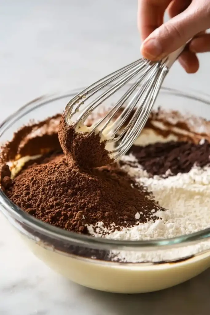 Hand whisking cocoa powder into a creamy pudding and flour mixture in a glass bowl, creating a smooth chocolate filling.
