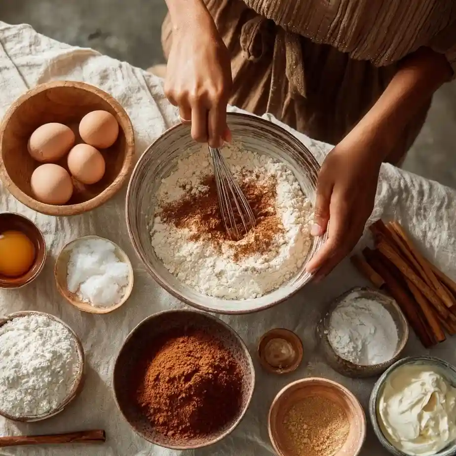 Baker whisking flour and cinnamon in a mixing bowl surrounded by cake ingredients.