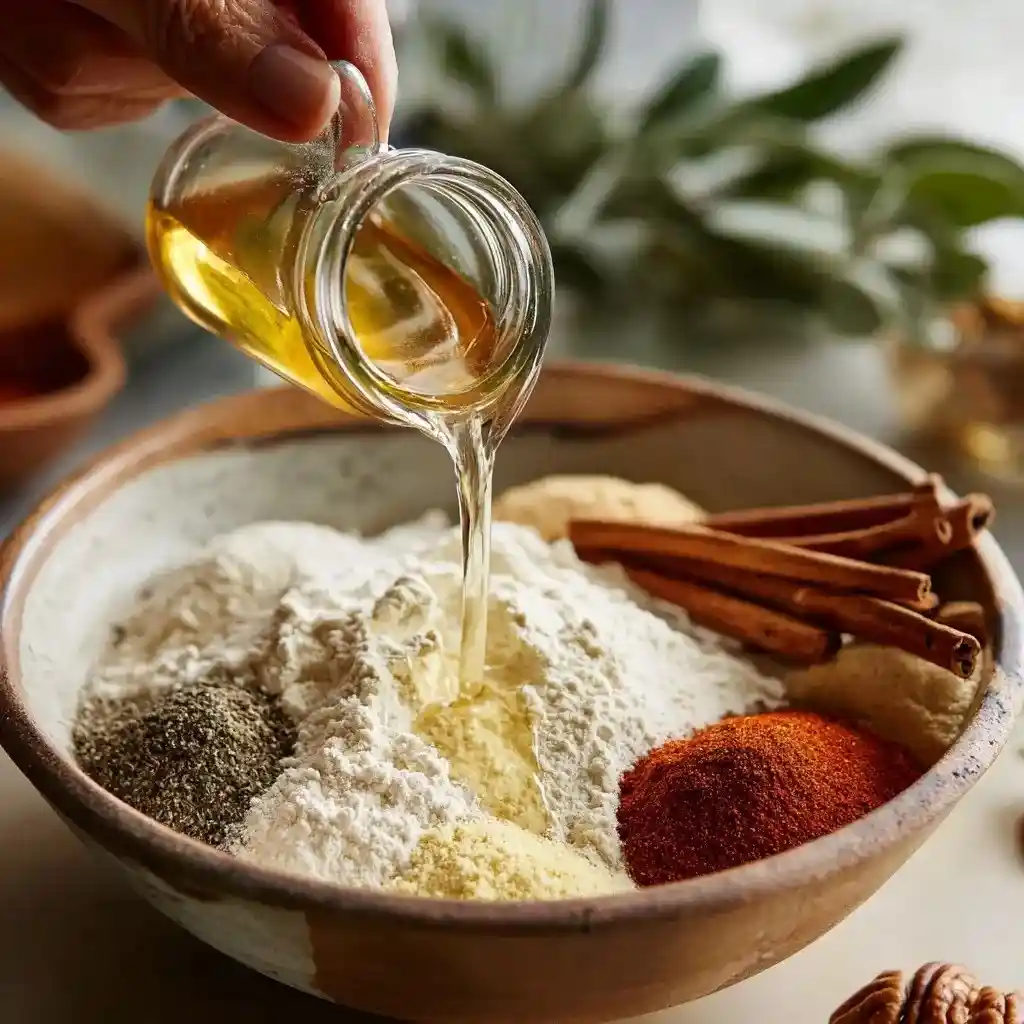 Oil being poured into a spiced flour mix with cinnamon, nutmeg, and other fall spices for Thanksgiving cake batter.
