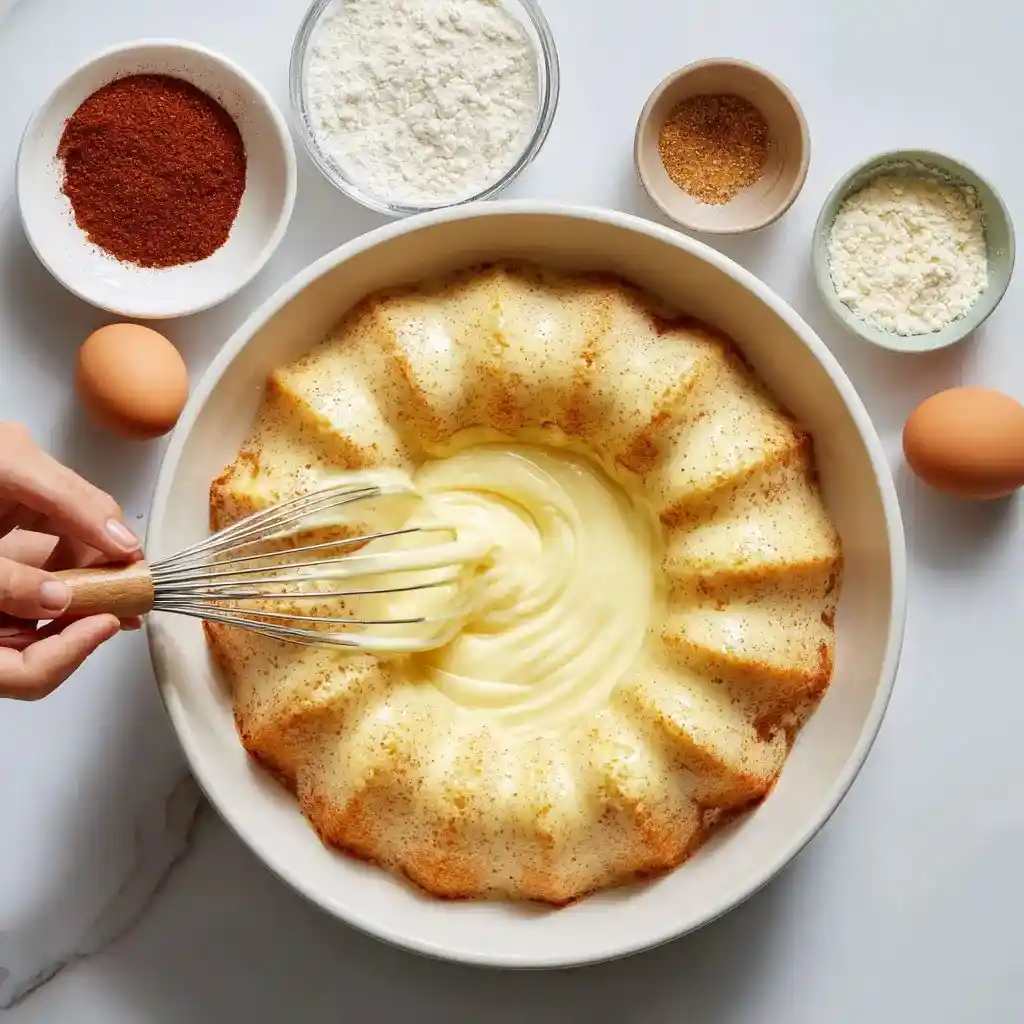 Person whisking creamy eggnog batter in a bundt pan surrounded by flour, eggs, and spices.