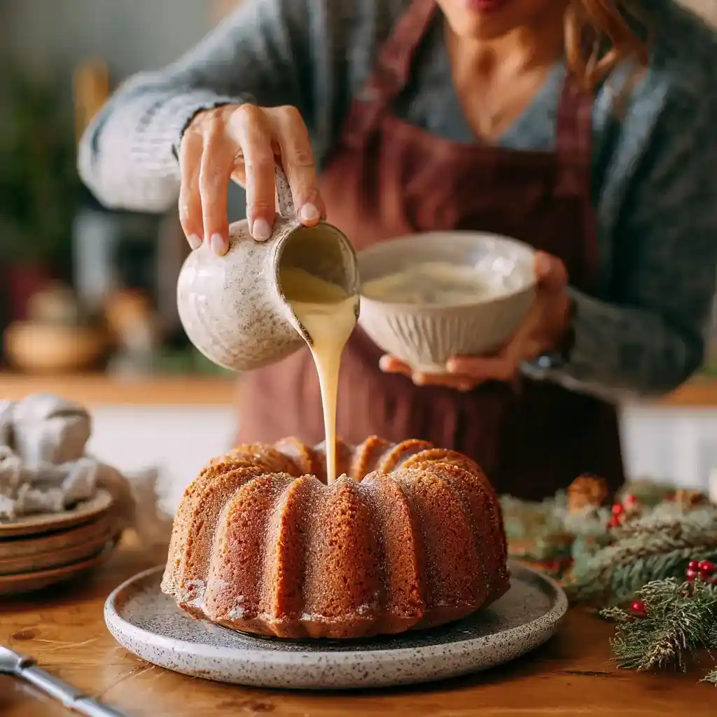Baker pouring eggnog glaze over freshly baked bundt cake on a festive table.