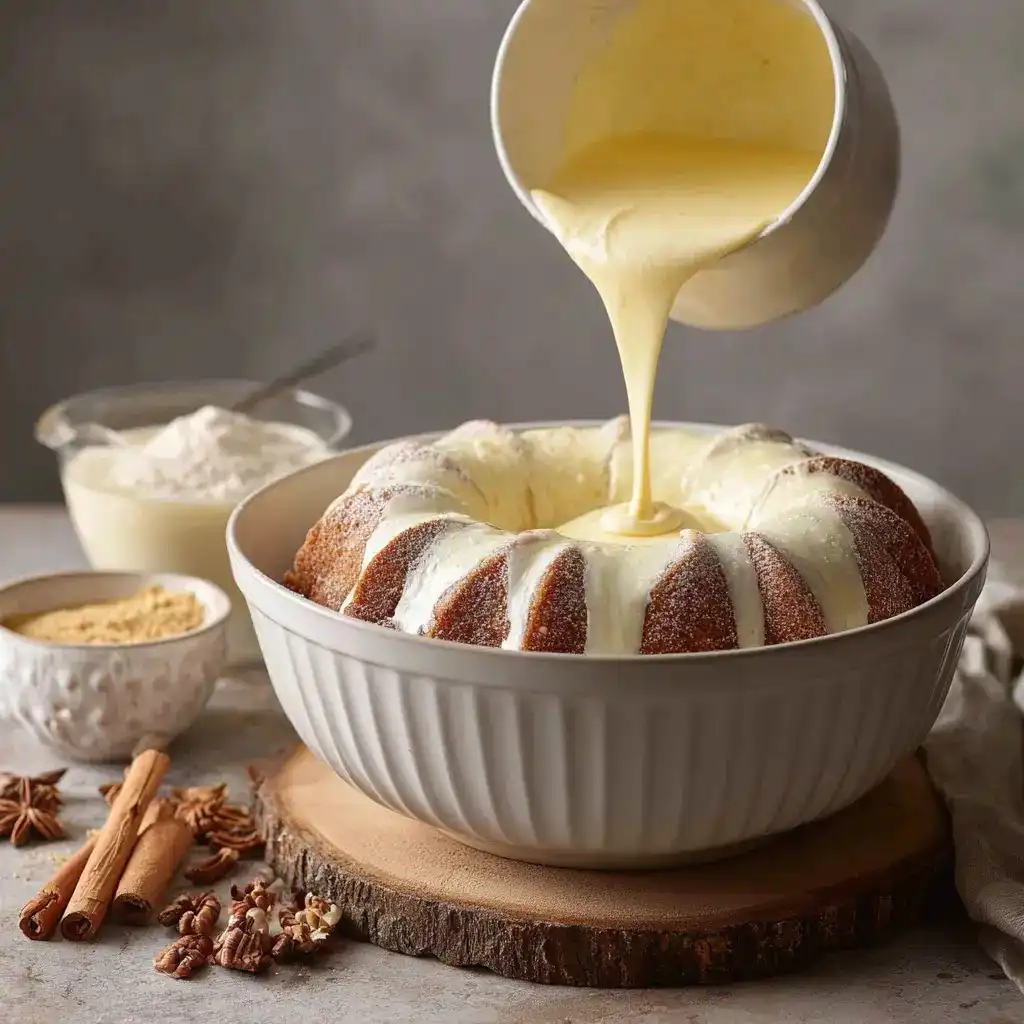 Pouring thick eggnog glaze over a bundt cake with bowls of flour and spices nearby.