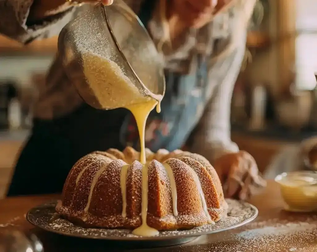Baker dusting and glazing an eggnog bundt cake in a warm kitchen.