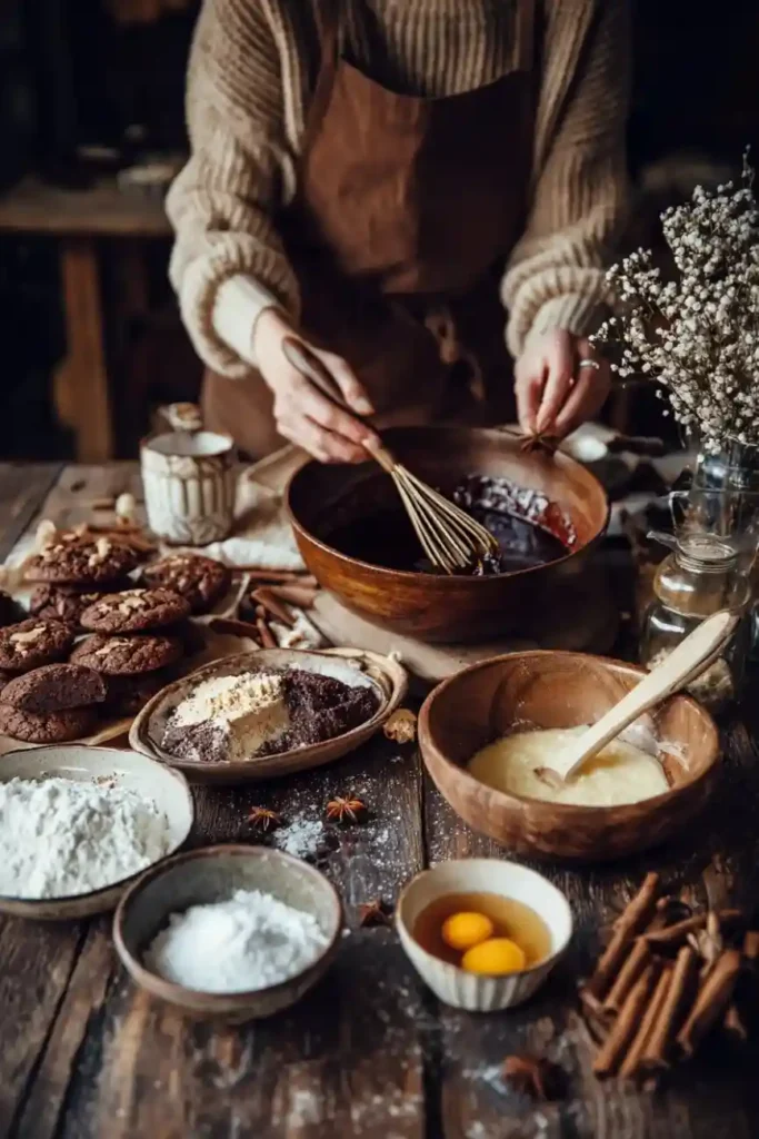 Person whisking gingerbread cake batter in a wooden bowl surrounded by flour, eggs, and holiday spices on a rustic table.