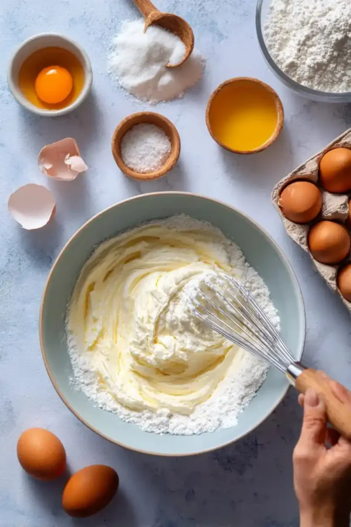 Whisk mixing butter, sugar, and flour in a bowl with eggs and ingredients around.