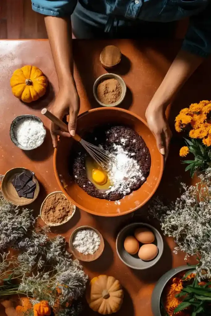 Hands whisking brownie batter with egg and flour in a brown mixing bowl surrounded by pumpkins, cocoa powder, and autumn flowers.