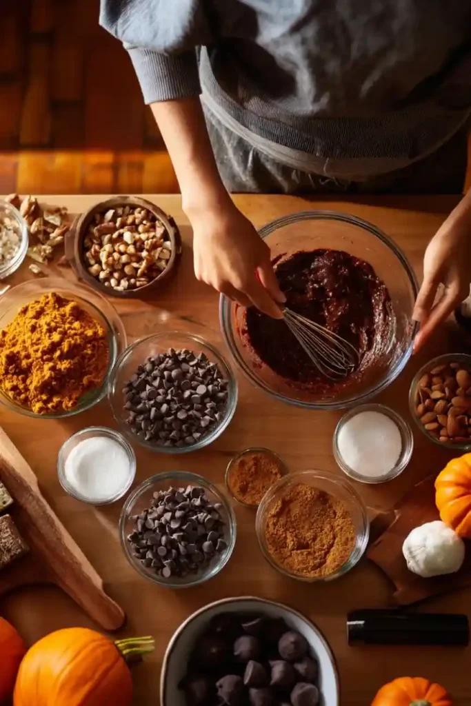 Top-down view of brownie batter being mixed in a glass bowl surrounded by chocolate chips, nuts, and pumpkin puree on a wooden table.