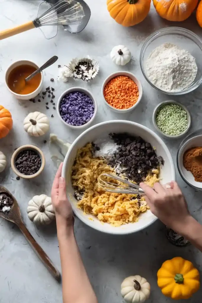 Hands whisking cookie dough in a large bowl surrounded by colorful Halloween sprinkles, chocolate chips, and small pumpkins.