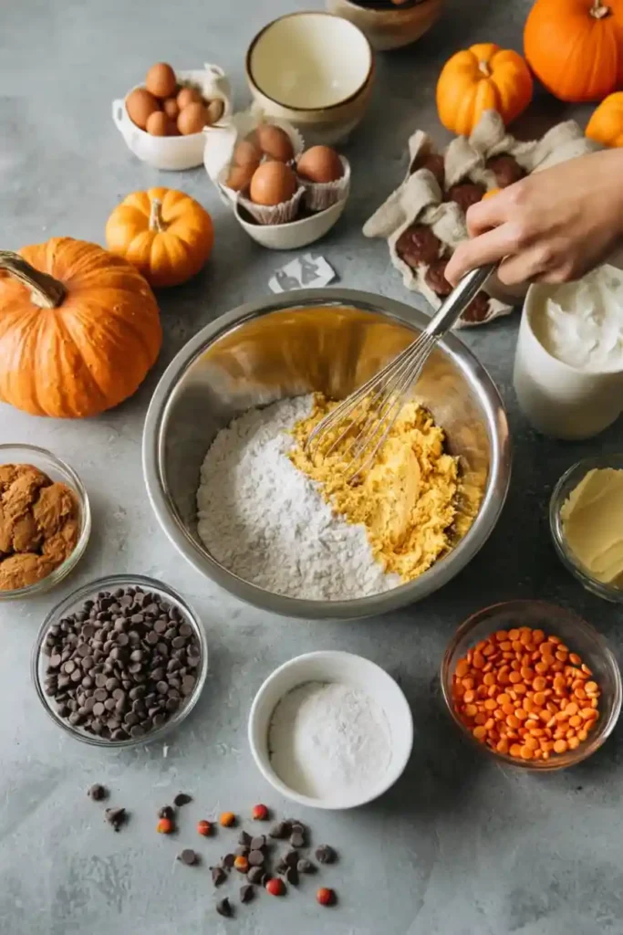 Baker mixing cookie dough in a metal bowl surrounded by chocolate chips, orange candies, and pumpkins on a gray countertop.
